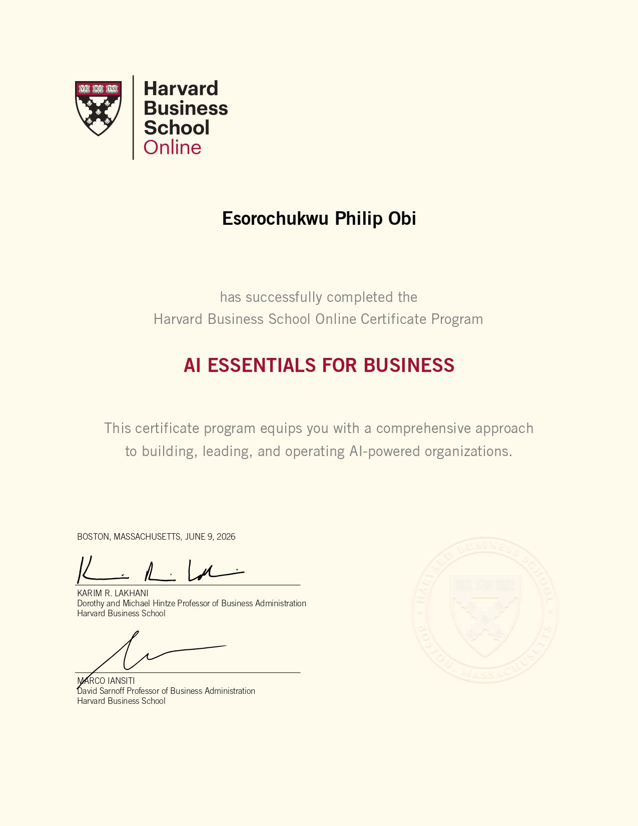 Harvard Business School Online — AI Essentials for Business certificate awarded to Esorochukwu Phil Obi