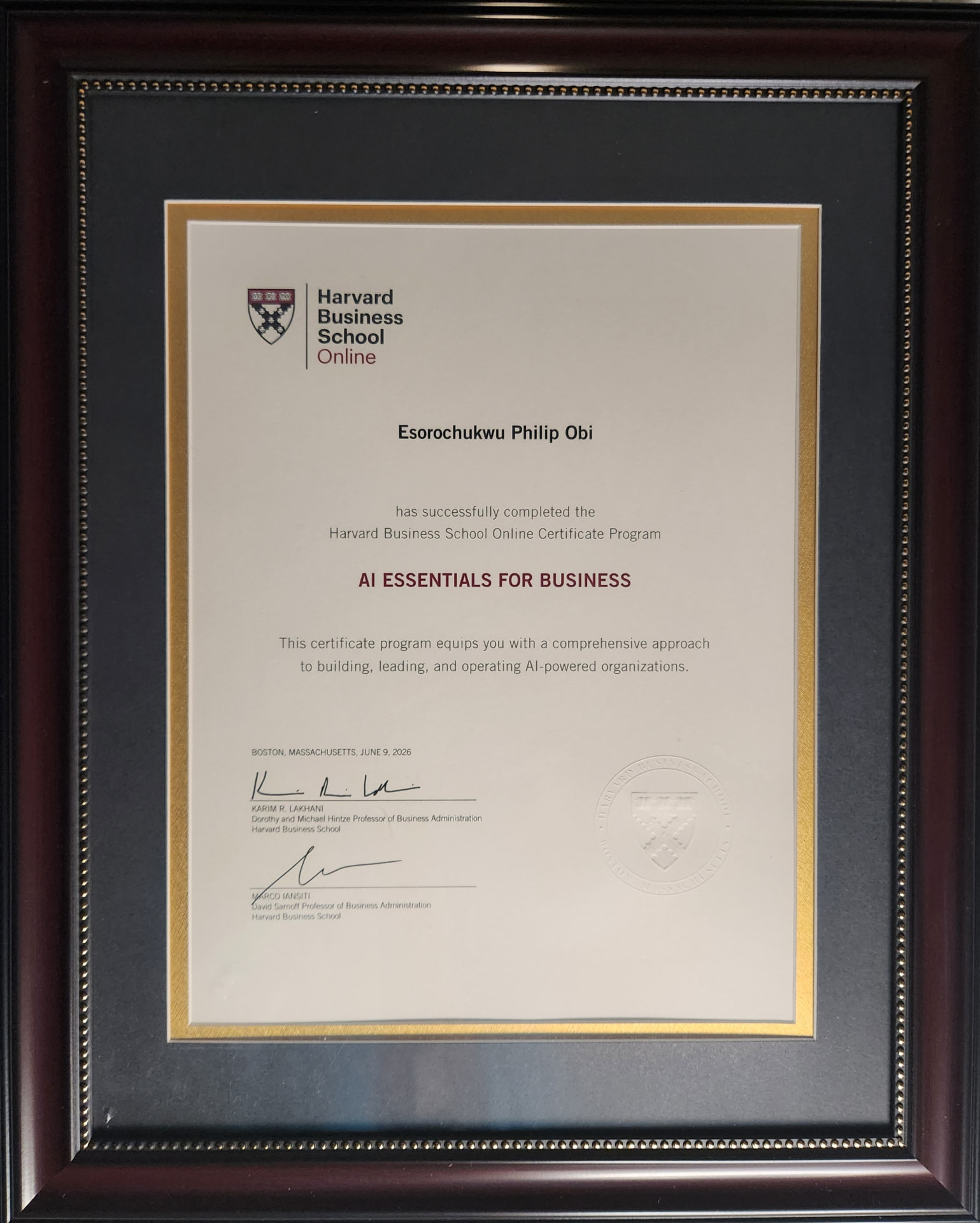 Harvard Business School Online — AI Essentials for Business certificate awarded to Esorochukwu Phil Obi